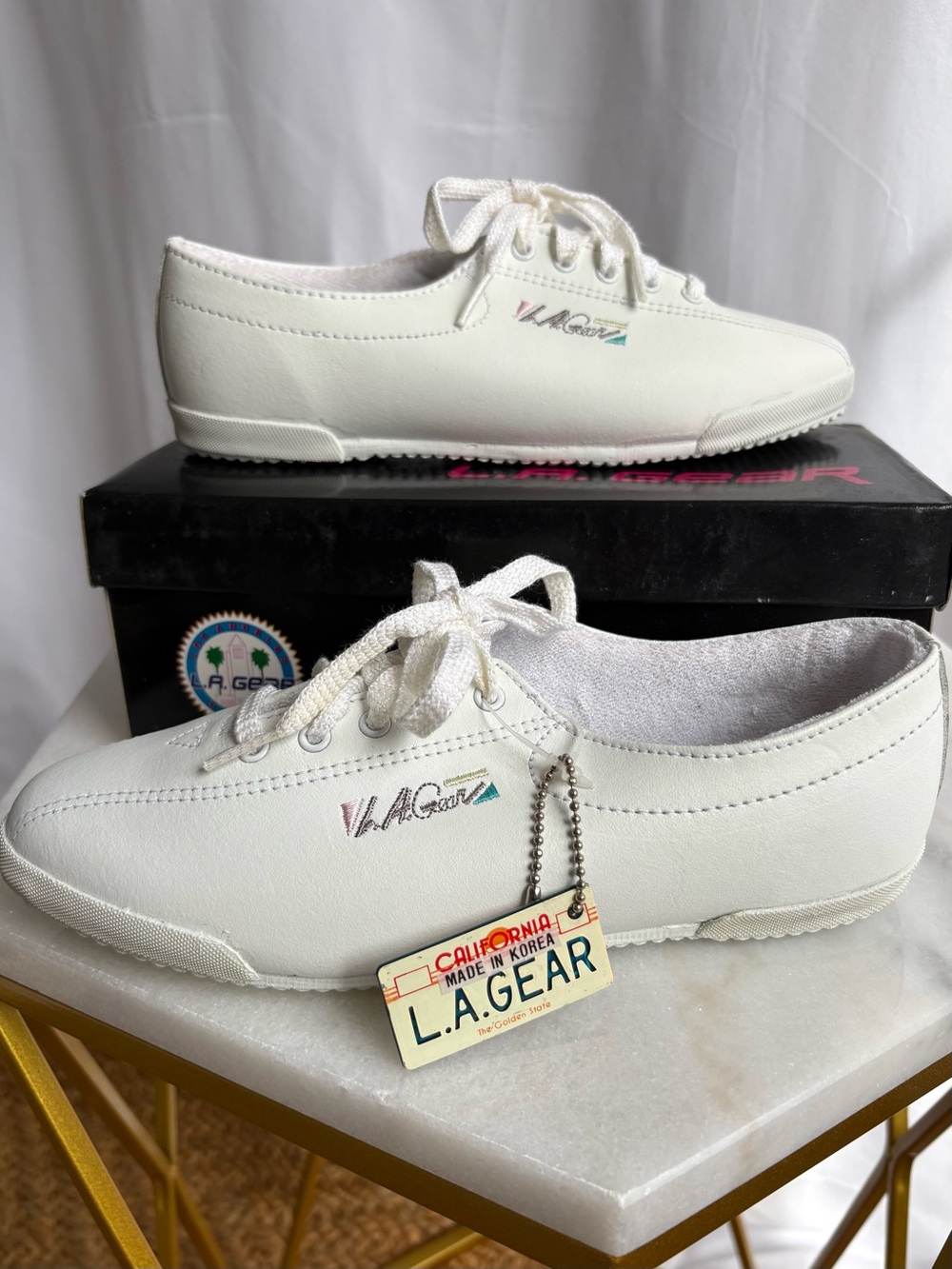 L.A. Gear Women’s White Low-Top Canvas Sneakers with Subtle Teal & Pink Logo